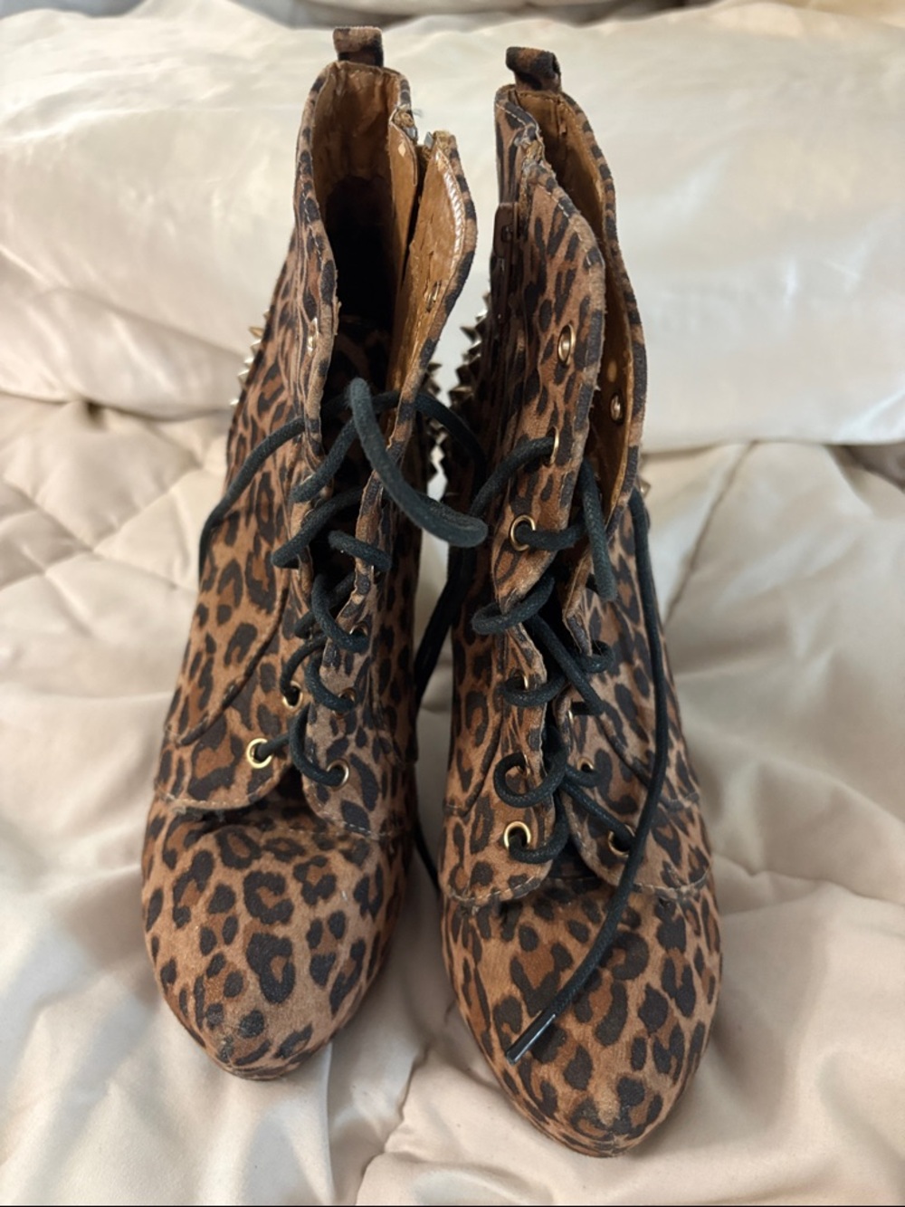 Leopard Print Lace-Up Ankle Boots - Brown